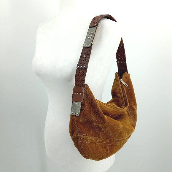 Fossil Handbags - FOSSIL Boho Tan Velour Hobo Bag Tooled & Lazer Cut Studded Leather Patch Strap